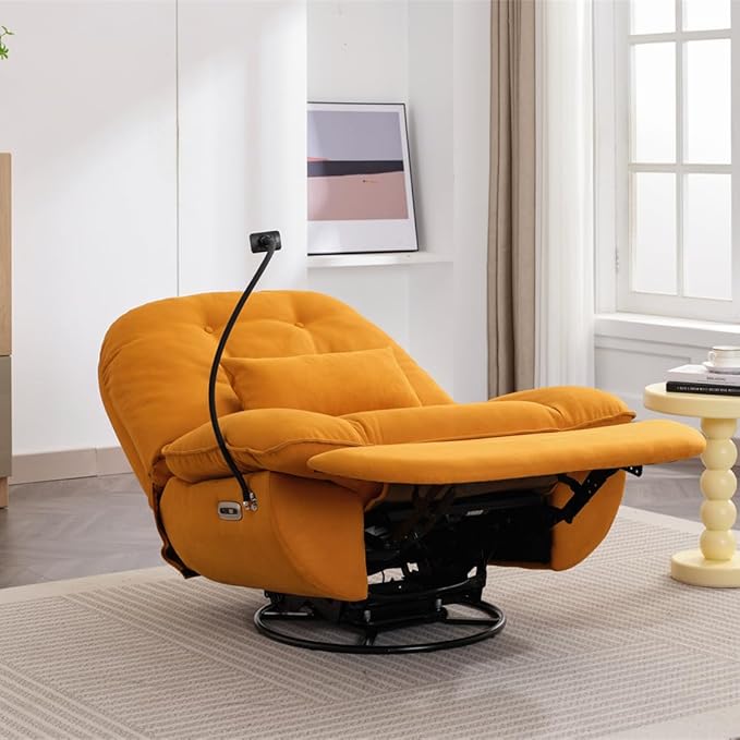 Power Recliner Sofa Chair 270 Degree Swivel Leisure Single Sofa with Button Control Wireless Speaker USB Ports Hidden Arm Storage Phone Holder for Living Room Orange Fabric (Without LED)