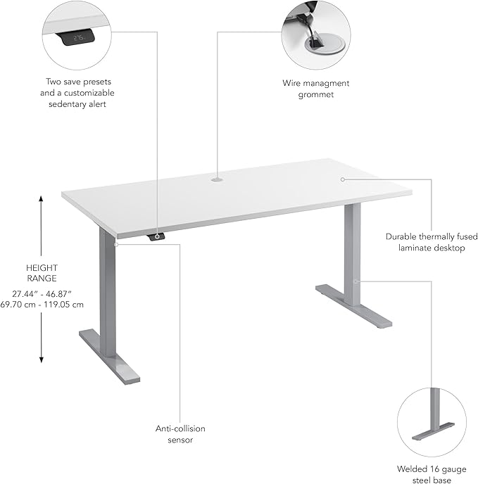 Bush Business Furniture 60-inch Electric Height Adjustable Standing Desk Ergonomic Sit-Stand Computer Table for Home and Professional Office Move 60 Series White with Metallic Gray Base