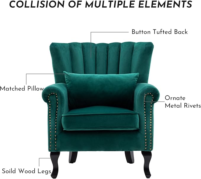 Accent Reading Arm Chairs Midcentury Modern Comfy Corner Sofa Chair Wingback Waiting Room Club Chair with Tufted Back for Living Room/Bedroom/Reception Room Velvet Green