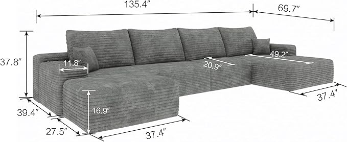 135 Boneless Cloud Modular Sectional Sofa 1 Ottoman – U-Shape Corduroy CouchSpacious Deep Seating No Assembly Ideal for Family Living RoomsGrey