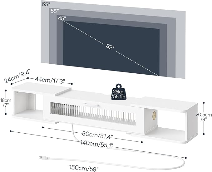 HOOBRO Floating TV Stand with LED Light Power Outlet for up to 65” Wall Mounted TV Shelf Modern Media Console Entertainment Center for Living Room Bedroom White WT34UDDS01G1