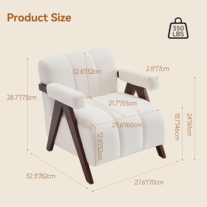 Accent Chairs Set of 2 Mid-Century Modern with Wide Backrest for Bedroom Upholstered Living Room Chair with Wooden Lounge Armchair with Thick Cushion Cute Teddy Comfy Chair Ivory