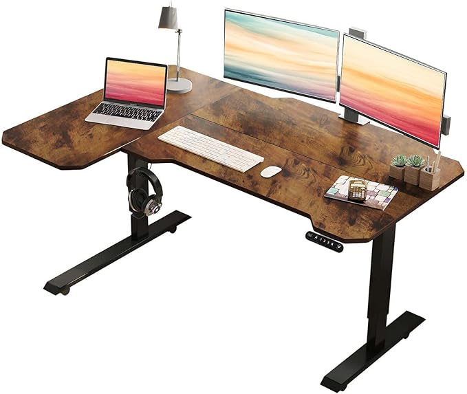 59 L-Shaped Electric Standing Desk Brown Adjustable Height Seated Stand up Computer Desks for Work Office Home Ergonomic Lift-up Gaming Tables with Wheels &amp USB Charging Port (Rustic Brown/59/L