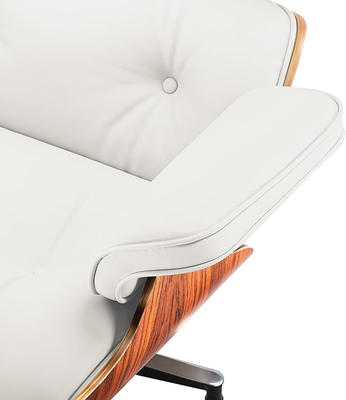 Top White Grain Leather Mid Century Chaise Lounge Chair and Ottoman Modern Chair Classic Design Palisander Wood Heavy Duty Base Support for Living Room Office