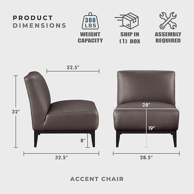Lexicon Modern Living Room Leather Accent Chair Luxury Genuine 100% Top Grain Leather Upholstered Armless Chair Comfortable Seat Black Solid Wood Legs for Bedroom/Office Easy Assembly Dark Brown
