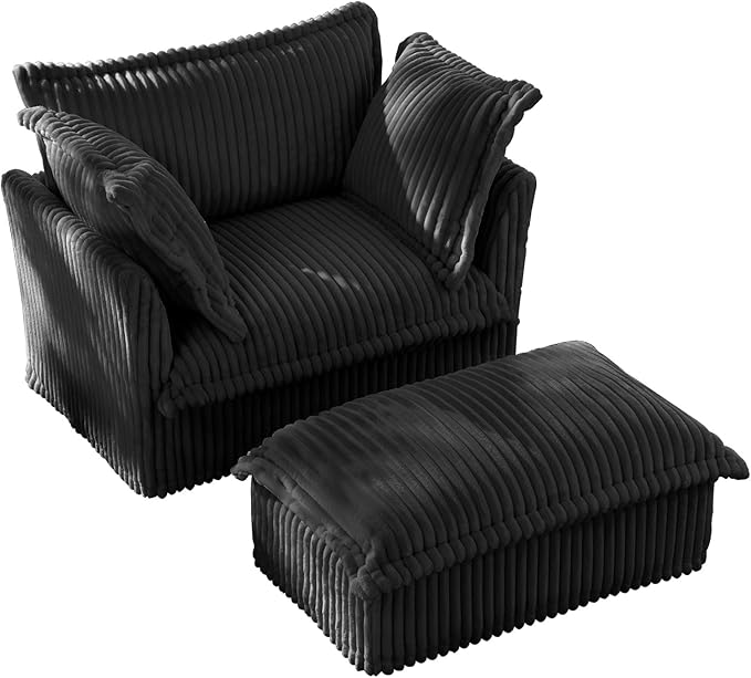 49''W Corduroy Chaise Lounge Chair Indoor Oversized Upholstered Sleeper Sofa with Movable Ottoman and 2 Pillows Removable Sofa Cover for Living Room Home Theater Apartment(Black)
