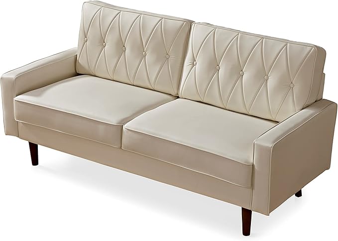 Container Furniture Modern Style Faux Leather Sofa with Elegant Round Tapered Legs and Button Tufted Backrest Perfect for Living Room Bedroom or Home Office 69.3’’ Wide White