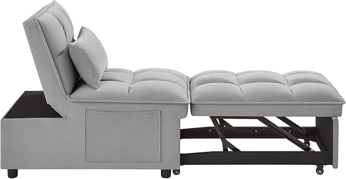 Multi-Function Convertible Single Sleeper Sofa Bed with Storage PocketsVelvet Tufted Pull-Out Couch Bed 4in1 W/Adjustable Backrest &amp PillowsChaise Lounge for Living RoomSmall SpaceGray
