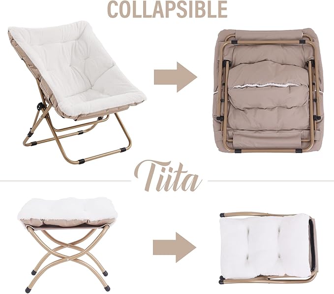 Tiita Folded Chair with Ottoman Soft Faux Fur Oversized Folding Accent ChairLazy Chair Metal Frame Moon Chair for Bedroom Living Room Dorm Rooms Garden and Courtyard