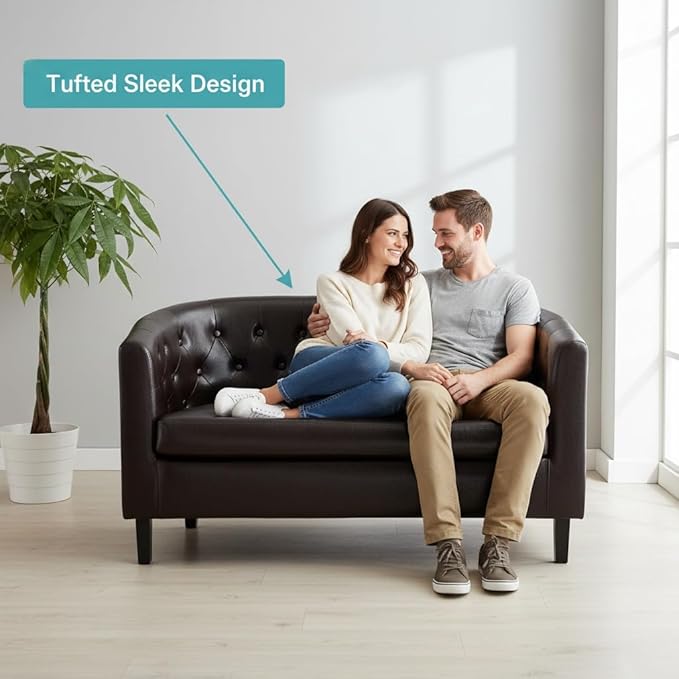 Naomi Home Barrel Love Seat Button Tufted Faux Leather Loveseat Sofas Faux Leather couches Small Loveseats for Small Spaces Bedrooms Love Seat Couches for Living Room - Espresso