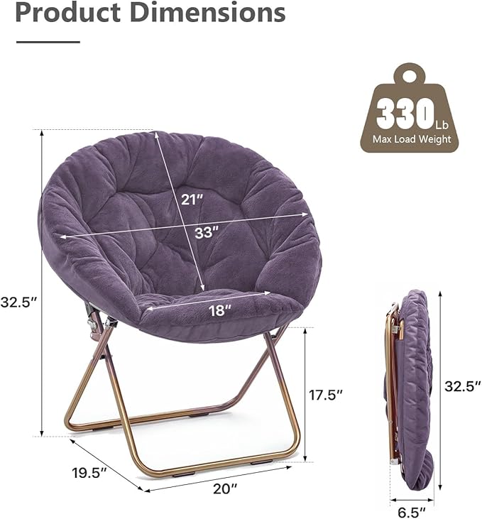 Cozy Saucer Chair Living Room Chair Faux Fur Soft Thick Padded Seat Metal Frame Folding Chair Comfortable Moon Chair for Living Room Bedroom Reading Nook Modern Style 2 Pack Purple