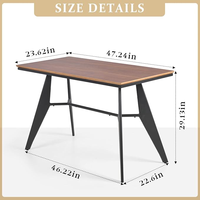 Modern Industrial Table with Heavy-Duty Steel Frame 47.3 x 23.6 Rectangular Tabletop Walnut Oak Finish Home Office Computer Desk Workstation Writing Desk Minimalist for Small Spaces