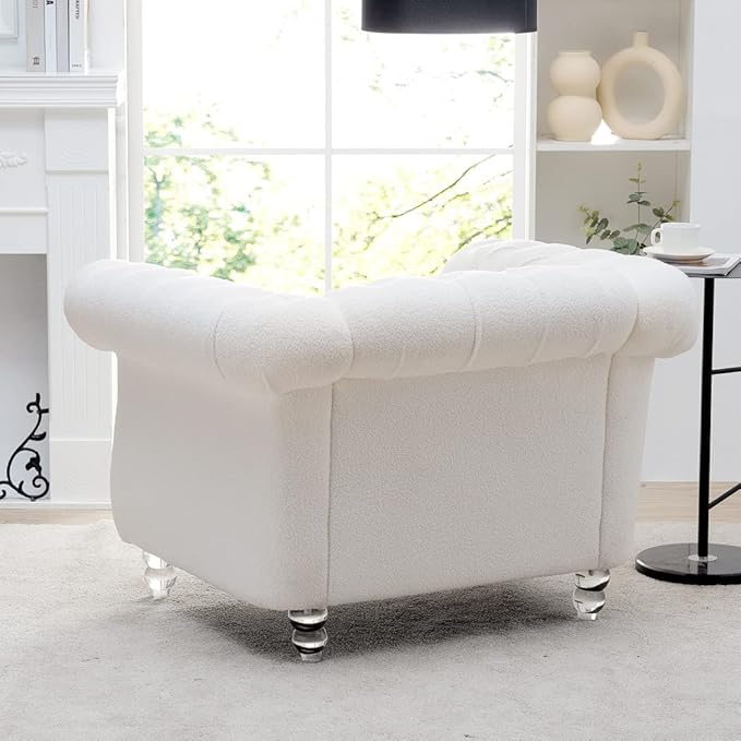 Modern Chesterfield Armchair Fabric Rolled Arm Tufted Back Accent Chairs Upholstery Nailhead Trim for Living Room Office (White)