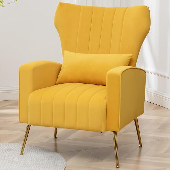 Accent Chair High Back Arm Chair for Living Room Upholstered Wingback Armchair with Golden Legs Lumbar Pillow Single Sofa Reading Chair for Bedroom Apartment Small Spaces Velvet Yellow
