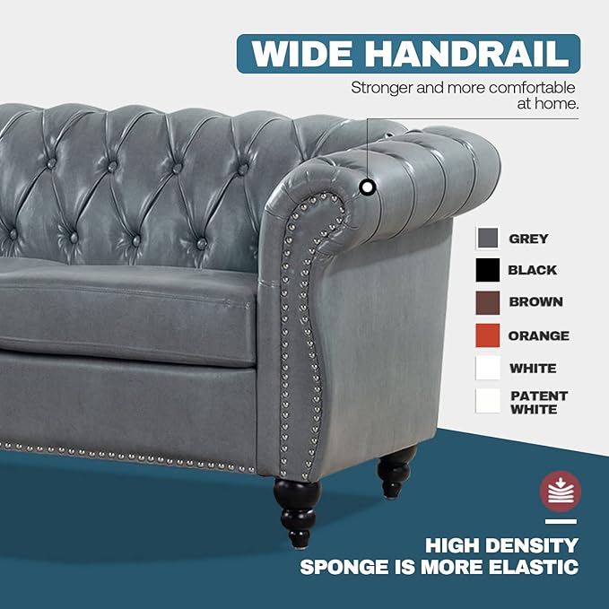 Couches for Living Room Chesterfield Sofa Faux Leather 84 Rolled Arm 3-Seater Couch Deep Button Nailhead Upholstered Couch High-End Furniture Easy to Assemble (Gray)