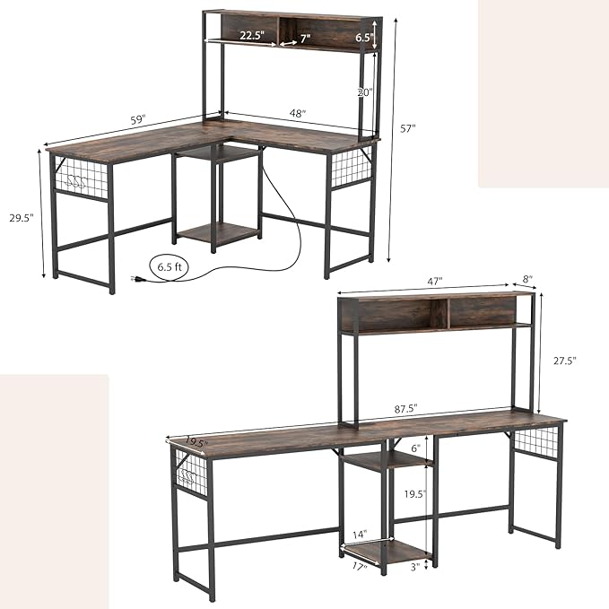 Tangkula L-Shaped Desk Converts to 2-Person Long Desk with Hutch Power Outlet &amp 3 Removable Hooks Perfect for Home Office or Gaming (Rustic Brown)