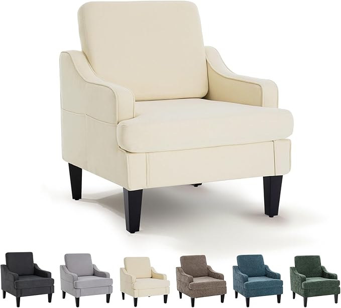 Modern Accent Chair for Bedroom Upholstered Reading Chair with Side Pockets Comfy Living Room Chairs Living Room Armchair for Office Apartment Small Room (Beige)