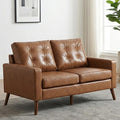 Wahson 53 Wide Loveseat with Armrest Upholstered 2-Seater Tufted PU Leather Double Sofa Mini Sofa with Wooden Legs Mid Century Modern Couch for Bedroom/Living Room Brown