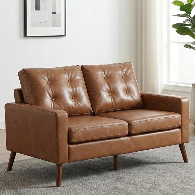 Wahson 53 Wide Loveseat with Armrest Upholstered 2-Seater Tufted PU Leather Double Sofa Mini Sofa with Wooden Legs Mid Century Modern Couch for Bedroom/Living Room Brown