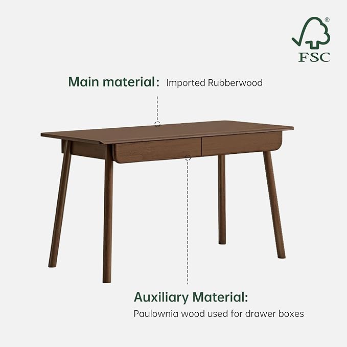 YESWOOD 100% Solid Wood Desk with Drawers Walnut Color Office Desk Mid Century Modern Writing Desk for Study Bedroom Living Room 47.24 W