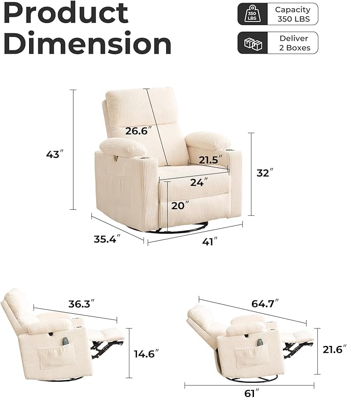 Power Recliner with Adjustable Armrests Rocking Chair Nursery with Massage and Heat Electric Glider Recliner Nursing Chair for Breastfeeding Swivel Rocker Recliner Corduroy Beige