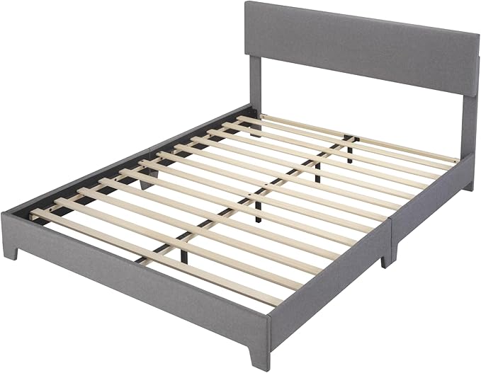 Allewie Queen Bed Frame with Upholstered Adjustable Headboard Platform Bed with Wood Slats Heavy Duty Mattress Foundation No Box Spring Needed Easy Assembly Light Grey