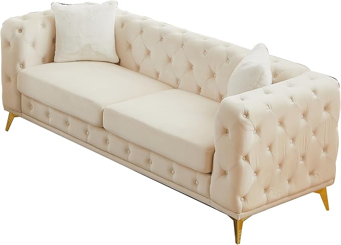 82.5'' Velvet Chesterfield Sofa Button Tufted Upholstered Sofa Couches with 2 Pillows Golden Metal Feets Removable Thick Cushions Comfy Chesterfield Couches for Living Room Apartment Beige