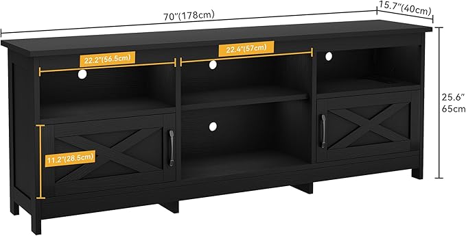 DWVO Farmhouse TV Stand with Power Outlets &amp LED Lights Entertainment Center for TVs up to 80 TV Console with Storage Cabinets &amp Open Shelves for Living Room (Black)