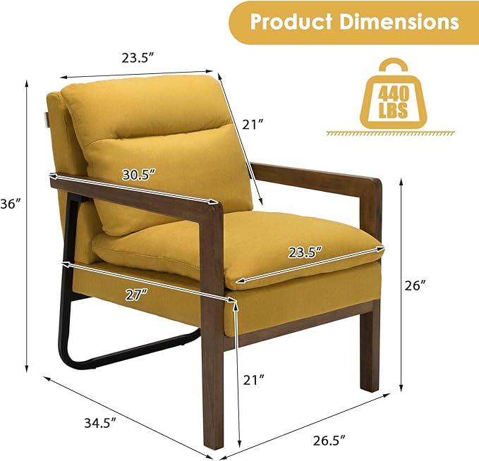 Giantex Set of 2 Accent Chair Comfy Soft Bedroom Chair with Solid Rubber Wood Legs Rear Steel Bracket Non-Slip Foot Pads Detachable Cushions Mid-Century Modern Living Room Chairs Yellow