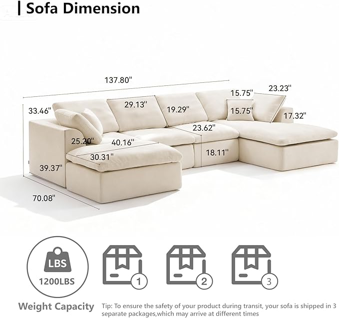137.8 Large Sectional Couches for Living Room U Shaped Couch with Movable Ottoman 4-Seater Cloud Couch Sectional Sofa with Deep Seat No Assembly Required Warm White