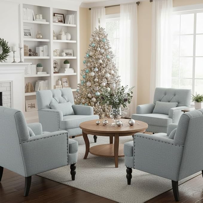 HUIMO Accent Chairs Set of 2 Tufted Club Chair Set of 2 with Lumbar PillowUpholstered Button Armchair Linen Fabric Sofa Chairs for Bedroom Living Room Mid Century Modern Reading ChairLight Blue