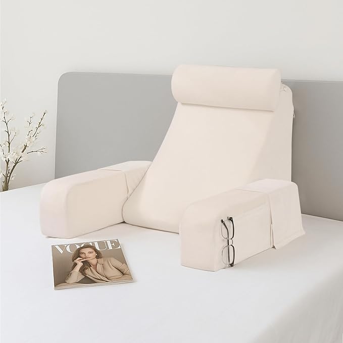 ENITYA 19 Back Pillow for Bed Sitting up Big Pockets and Washable Removable Cover Reading Chair for Watching TV/Reading/Gaming/Resting in Bed Couch or Floor Medium(Ivory)