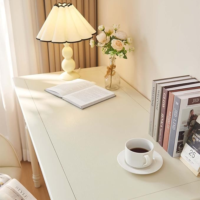 35” White Solid Wood Writing Desk with Drawers Farmhouse Computer Desk with File Storage Ideal for Home Office Bedroom or Study Room