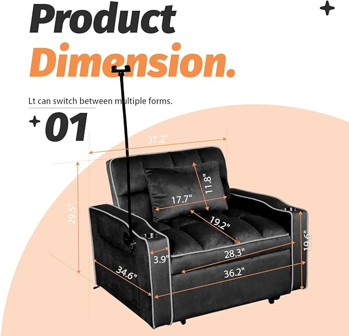 Convertible Sleeper Chair Pull Out Chair Sleeper with Bracket and Cup Holder Chairs Bed Sleepers for Adults 3 in 1 Sofa Bed Chairs for Small Spaces Living Room Black