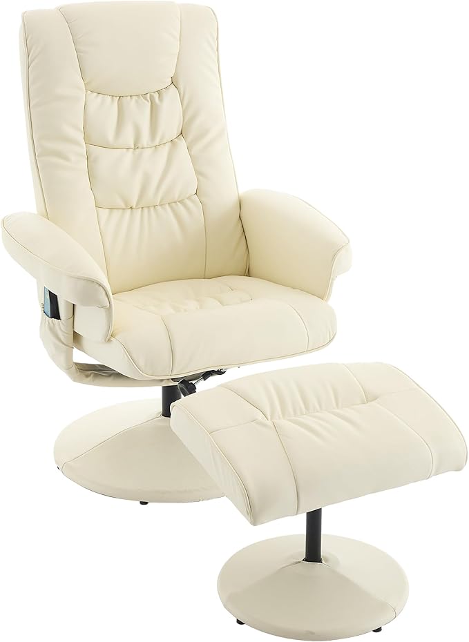 360° Swivel Office Chair with Ottoman Massage Lounge Chair with 5-Point Vibration &amp Heated Seat 140° Adjustable PU Leather Recliner for Living Room Home Theater or Office (Beige)