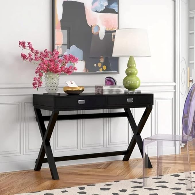Contemporary Style Home Office Writing Desk with Drawers | 44 Wide Top Surface Soft Closure Drawers X Shaped Stylish Legs | Student Laptop Accessories Solid Wood Manufactured Durable | Black Color