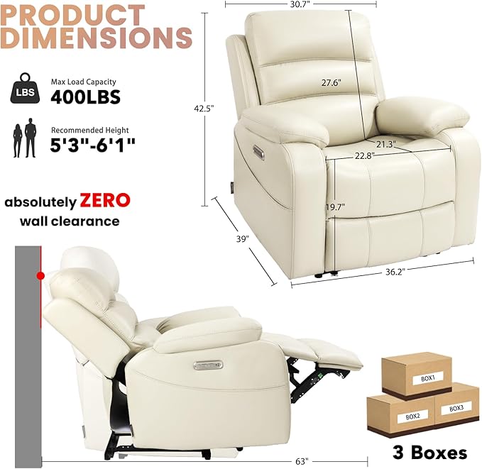 EONIX Real Zero Clearance Wall Hugger Recliners Power RV Recliner Chairs for Small Spaces Dual Motor Home Theater Recliners with Massage and Heat SXXY003992 Cream White