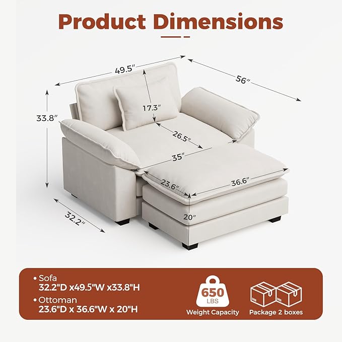 CDCASA 50'' Oversized Chair with Movable Ottoman Velvet Comfy Cloud Sofa Accent Chairs w/Large Seat and Armrests Modern Extra Wide Armchair Reading Chairs for Living Room DIY Combination Beige