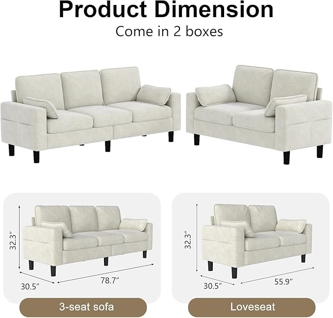 kinbor Big Comfy Modular Sectional Sofa with Memory Foam - Oversized Living Room Couch in Creamy White 2 Pieces Modern Upholstered Couches with Deep Seat