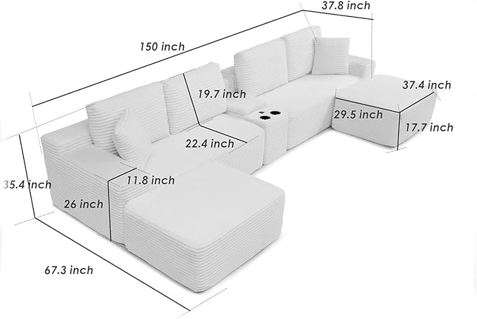 150 Oversized Modular Sectional Sofa Deep Seat Cloud L-Shape Corduroy Couch with Cup Holders USB Ports Wireless Charging &amp Storage Box Upholstered Modular Sleeper Sofa for Living Room (Green)