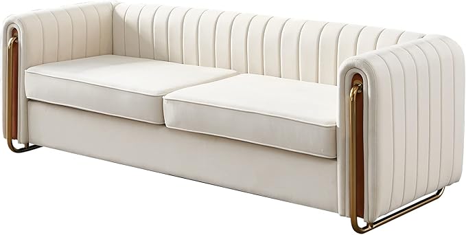 kevinplus 84.2'' Velvet Chesterfield Sofa Couch for Living Room Modern Luxury 3-Seat Upholstered Sofa Couch for Apartment Bedroom Dorm Office Strong Gold Metal Legs (Channel Backrest Beige)