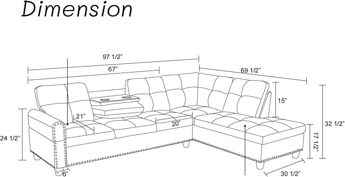 L Shape Sectional Couch with Chaise 97.5 Inch Modular Sofa with Cup Holders Sectional Couches for Living Room Ergonomic Reclined Backrest for Office and Small Apartment Grey