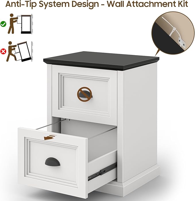 Vertical File Cabinet Filing Cabinet with 2 File Drawers Farmhouse Small File Cabinet Fits Letter/A4 Size Wooden Printer Stand Under Desk Cabinets for Home Office White and Black