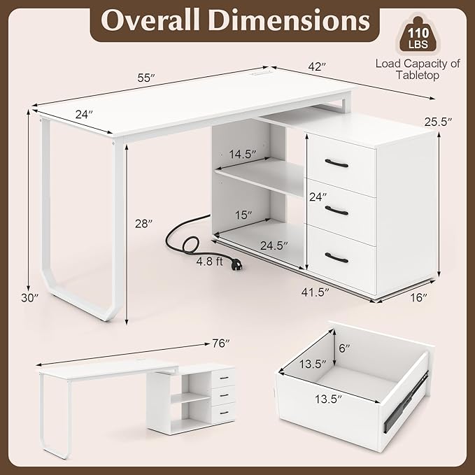 Giantex 55 Inch L-Shaped Desk with Charging Station Reversible Computer Desk with 3 Drawers Adjustable Shelf Large Computer Workstation Corner Desk for Small Spaces Home Office (White)