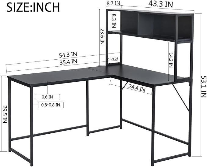 Industrial L-Shaped Desk with Hutch Reversible Corner Computer Desk with Storage Shelves Home Office Study Writing Desk Computer Workstation with Storage Bookshelf Black