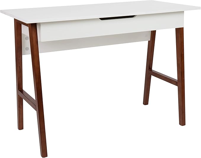 BizChair Computer Desk - White Home Office Desk with Storage Drawer - 42 Long Writing Desk for Bedroom