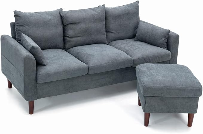 Panana Convertible Sectional Sofa CouchL-Shaped 2 or 3-Seat Sofa Sectional with Reversible Ottoman for Small Living Room Apartment (Gray Linen Fabric 3 Seater with Ottoman - Curved arms)
