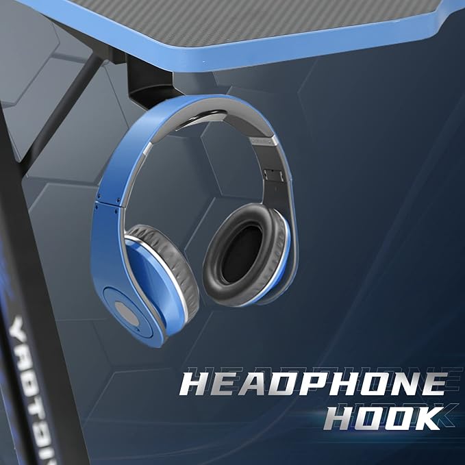 HKLGorg Gaming Desk Computer Desk Z Shaped Gaming Table Writing Modern Ergonomic Racing Style Home Office Table Workstation Carbon Fiber Headphone Hook for Men Boyfriend Female Gift (Blue 39)
