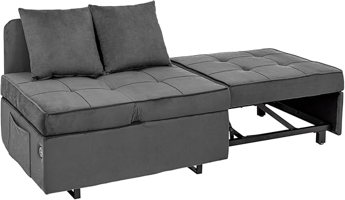 Sofa Bed 4-in-1 Convertible pull out Couch Velvet Love seat Couch Sleeper Chair Bed with 2 Throw Pillow Single Recliner with 5 Adjustable Backrests for Living Room Apartment Small Space Light Grey