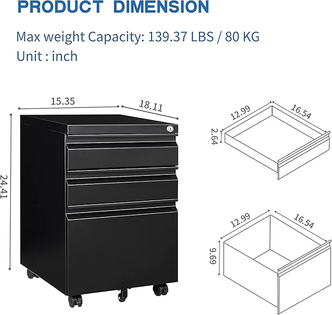 Anwick 3 Drawer Mobile File Cabinet Under Desk Fully Assembled Except Casters fits Letter/Legal/A4 Size for Home Office (Black 3-Drawer)
